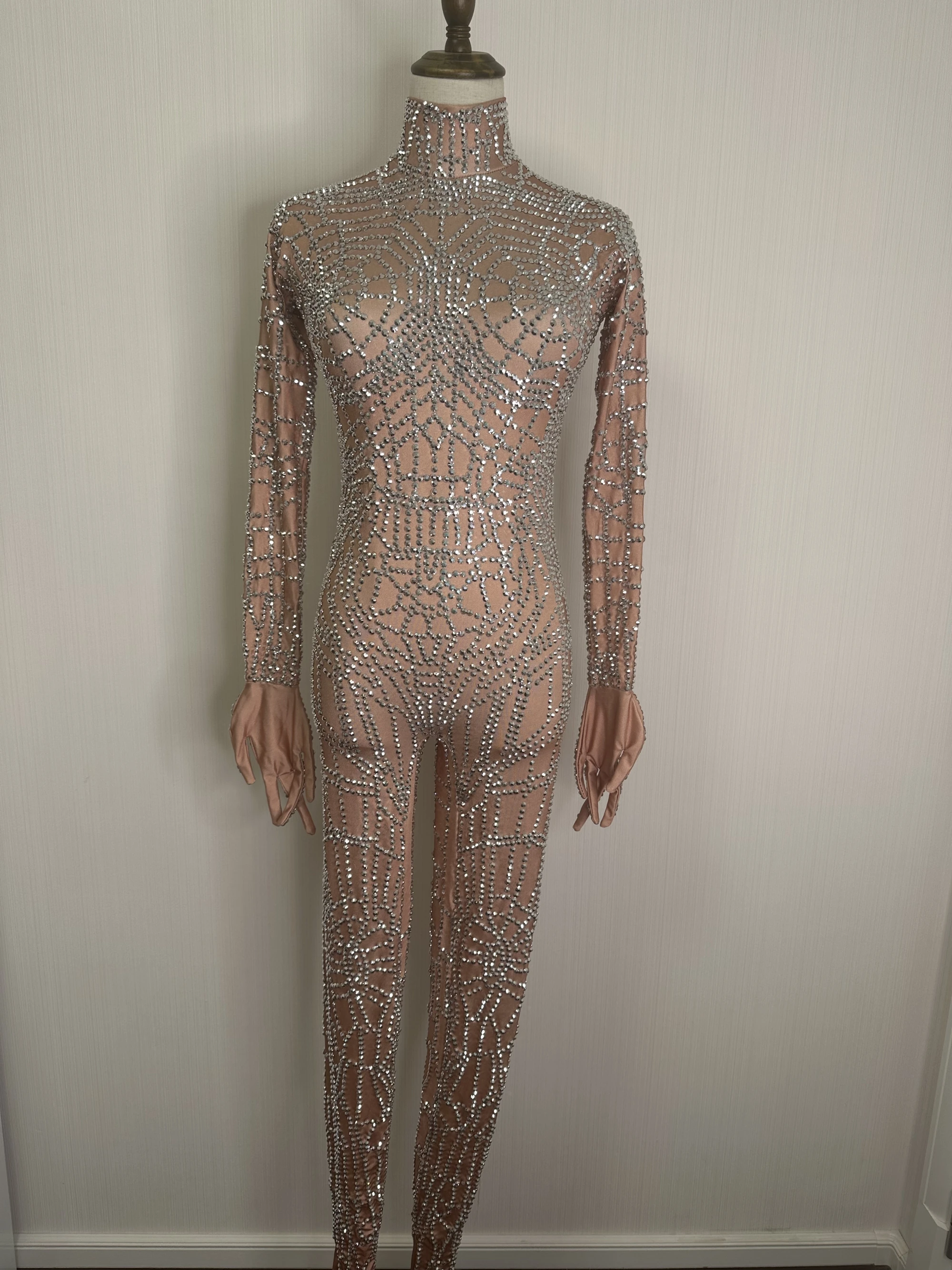 

glitter Rhinestones Nude gloves Jumpsuit womenSexy Stretch Dance Bodysuit party singer stagewear birthday drag queen B152