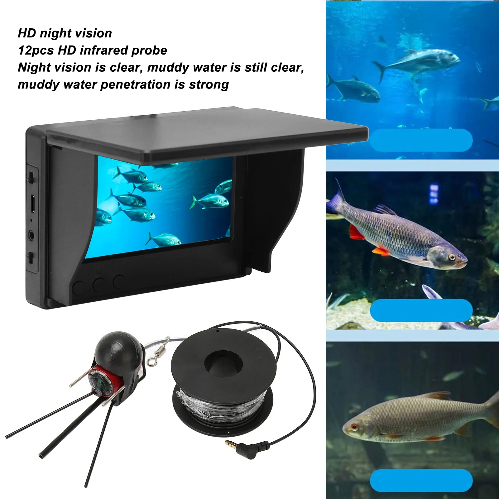 Fish Finder 4.3in TN HD Underwater Fishing Camera IP68 Waterproof with 12 Night Vision Lights 100‑240V for Fishing fishing accessories fish finder