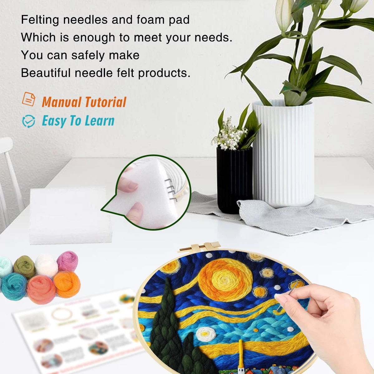 Wool Felting Kit 1 Pack DIY Wool Felting Painting With Embroidery Frame Handmade Needle Wool Painting Picture For Home Decors Craft