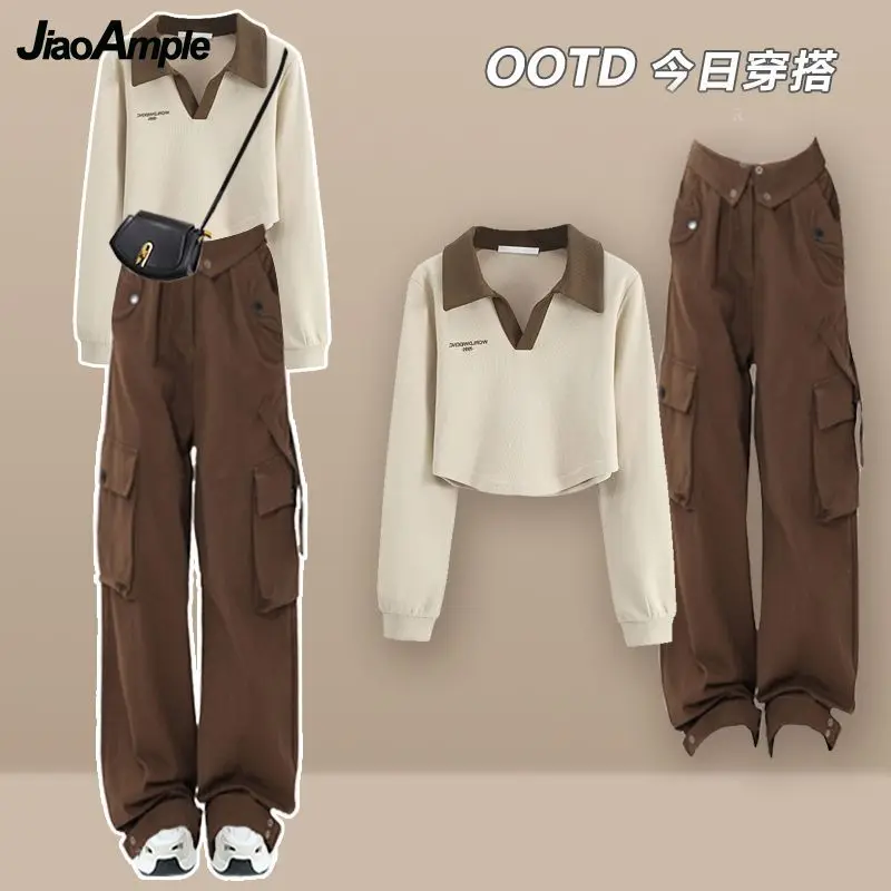 

Women's Spring New Tracksuit Matching Set 2024 Korean Loose Polo Neck Top Gargo Pants Two Piece Female Casual Sportwear Suit