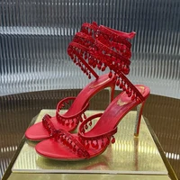 Chaussures habillées cheville en forme de serpent sangle enchevêtrement sandales été femmes mince talons hauts glands strass décor Sandalias 4