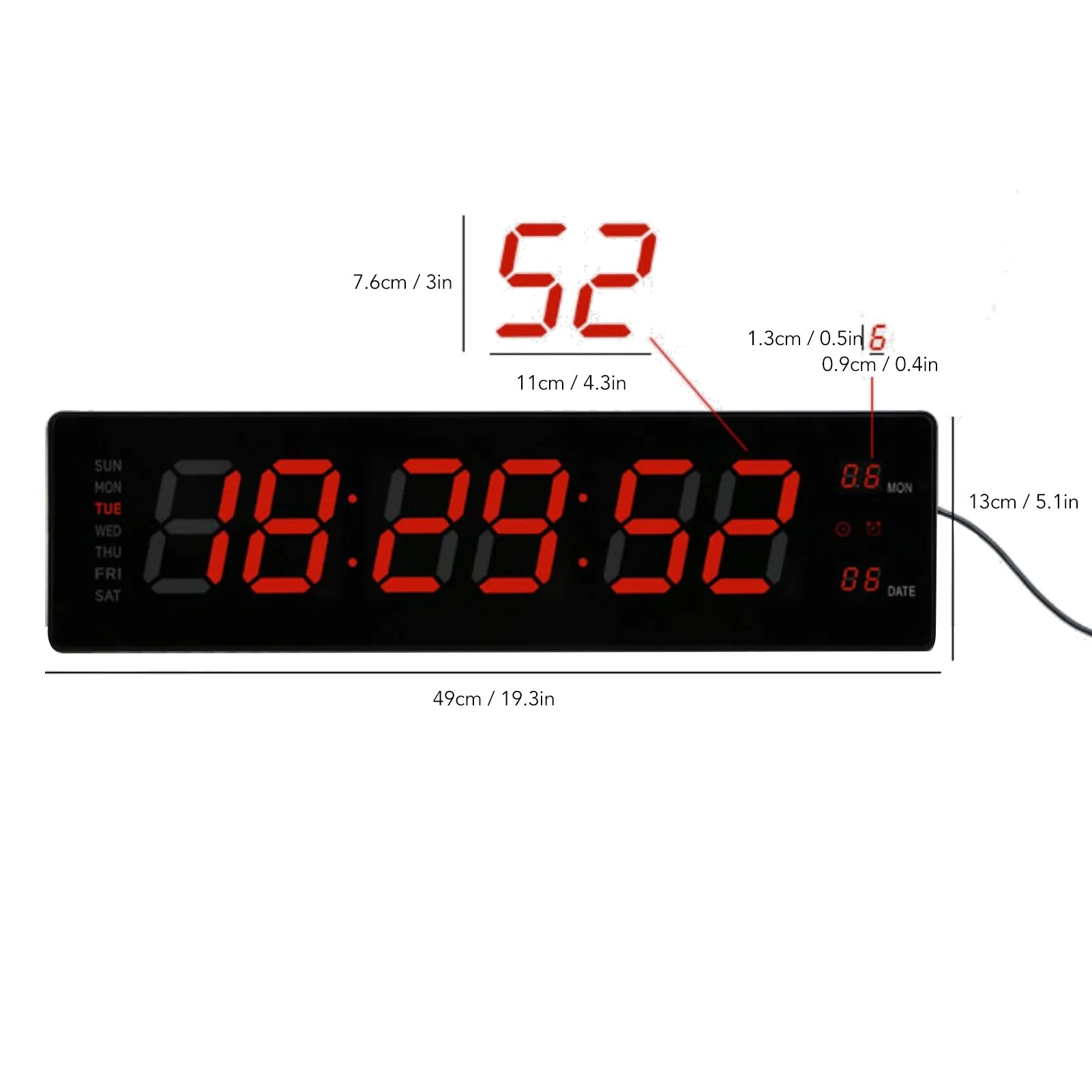 Digital Wall Clock LED Hourly Chime Silent Power Failure Memory 8 Alarms Temperature Display Red Big Digits 100-240V digital wall clock