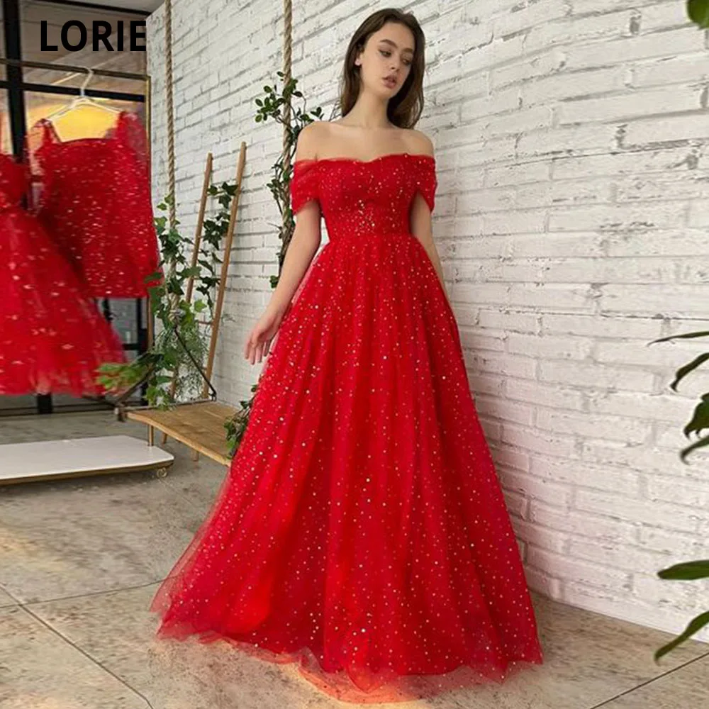 LORIE-Red-Glitter-Tulle-Evening-Dresses-2022-Off-The-Shoulder-Sleeves ...