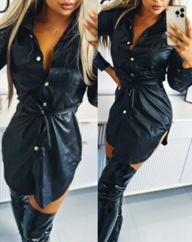 

Women's Casual Tied Detail Slit PU Leather Shirt Dress Temperament Commuting Single Breasted Female Fashion Mini Dresses