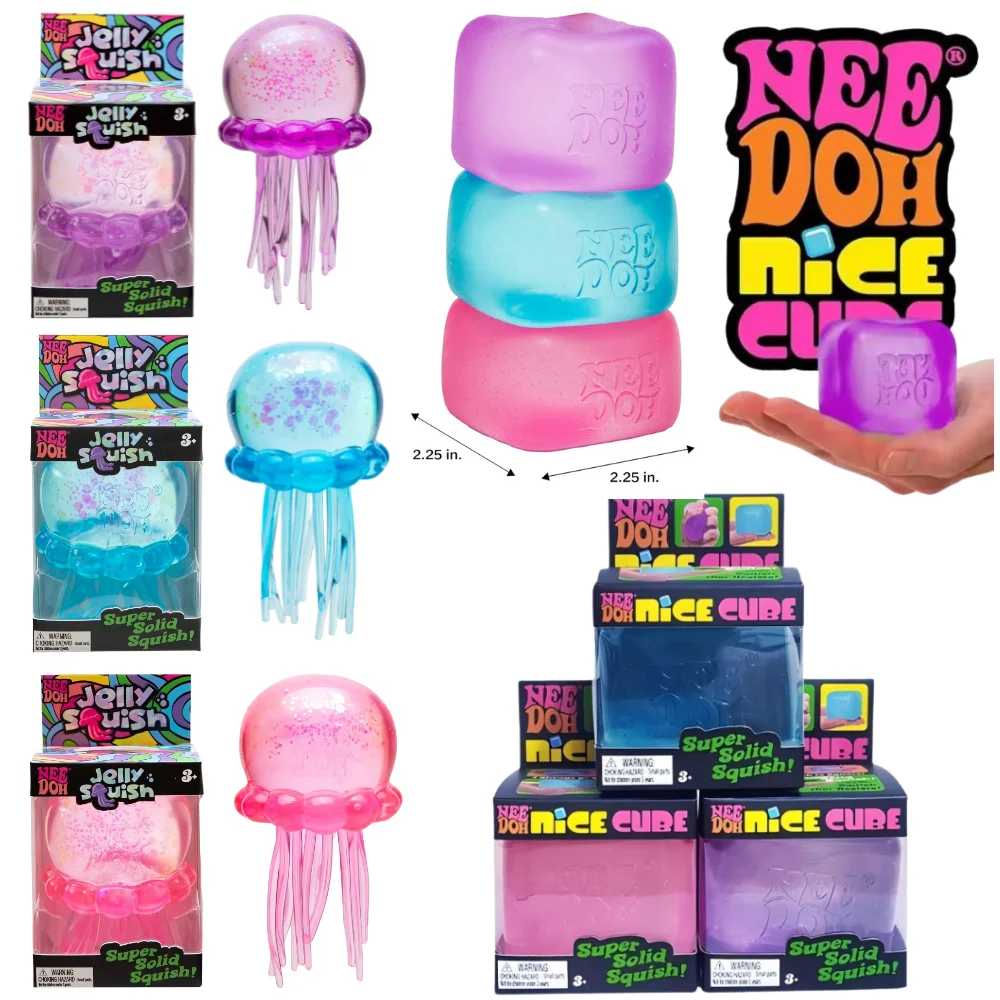 Nee Doh Jellyfish & Cube Squish Toy, Squeeze Stress Relief Toy, Sensory NeeDoh for Kids & Adults