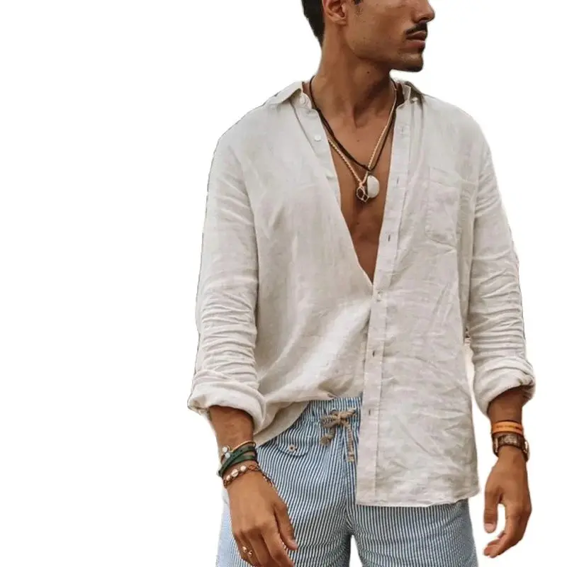Summer Men\'s Linen Long Sleeve Shirt Thin Cool Clothes Loose Hawaiian Korean Fashion Street Dress New T-shirt