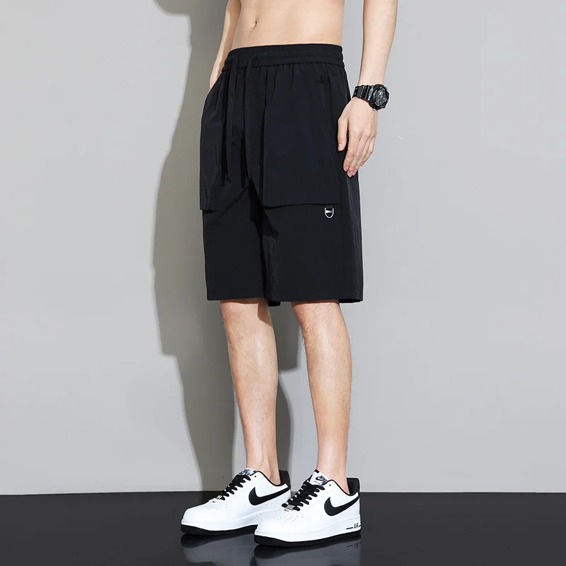 Men's Summer Solid Pockets High Waist Drawstring Casual Elastic Clothing Pencil Straight Cargo Sweatpants Knee Length Shorts