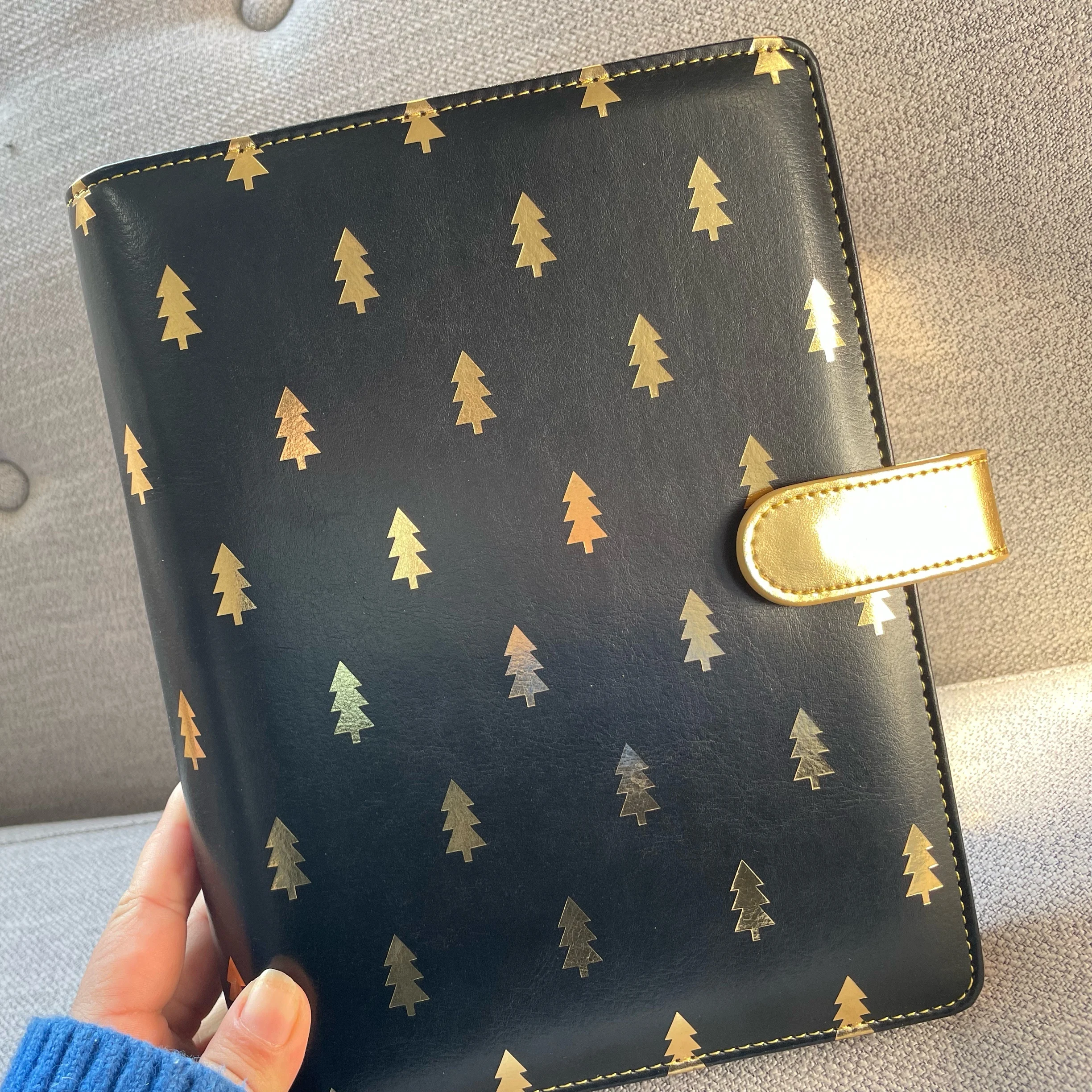 Lovedoki Black Golden Widen Christmas Tree Loose Leaf Journal