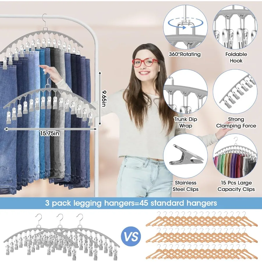 6 Pack Legging Organizer for Closet Hanging Pants Hangers with 15 Clips Holds Up to 45 Leggings Shorts Skirts Jeans Hats and Pa