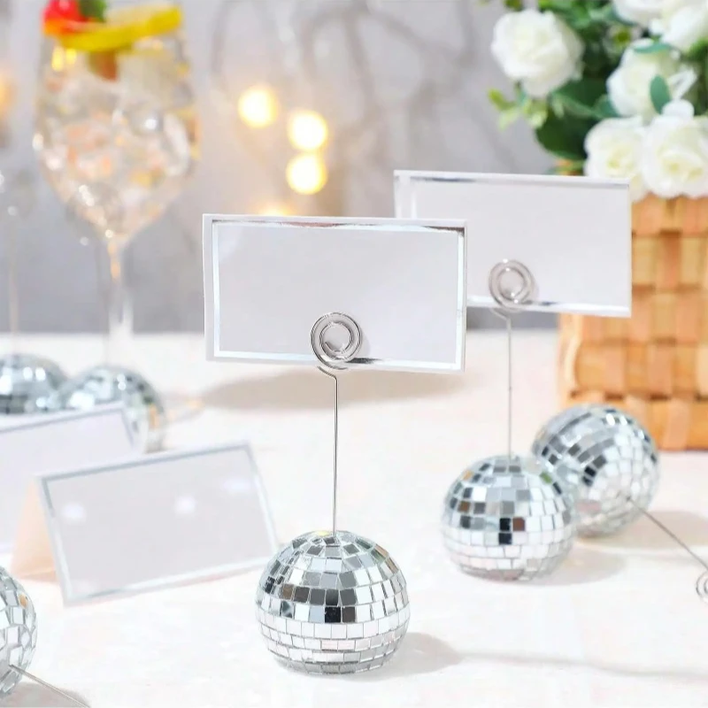 2pcs Disco Ball Place Card Holder Table Number Photo Holder Stand Swirl Wire Place Name Card Clips for Christmas Wedding Party