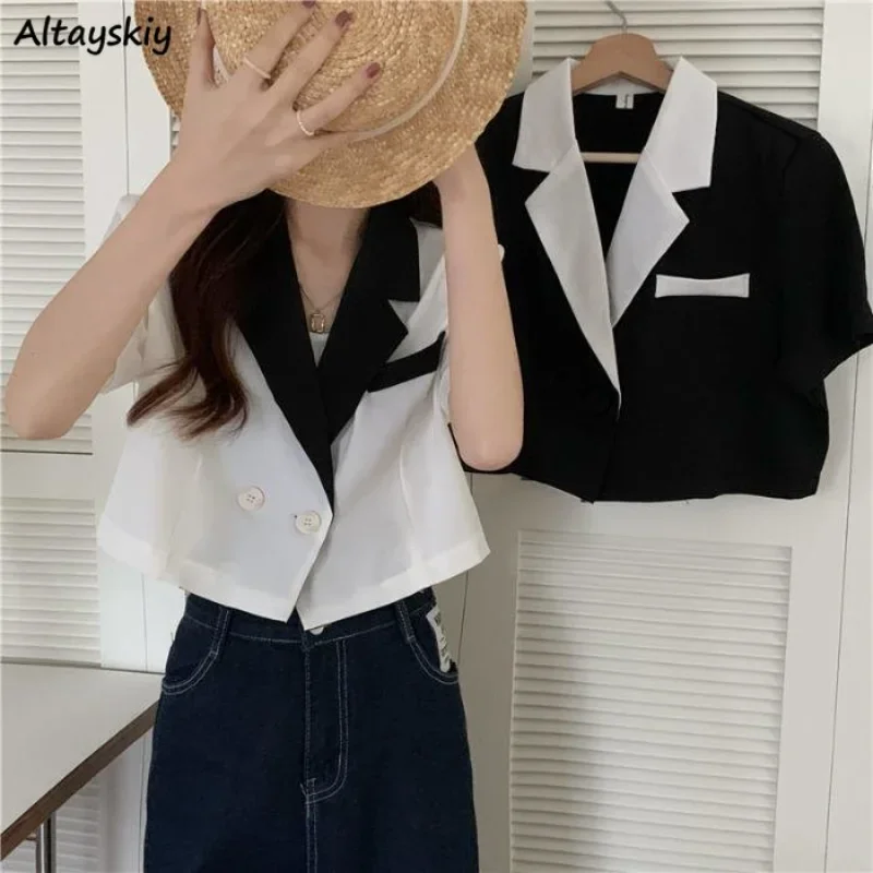 

Summer Blazers Women Short-sleeve Chic Panelled Korean Style Office Lady Loose Fashion Cropped Design Daily Casual New All-match