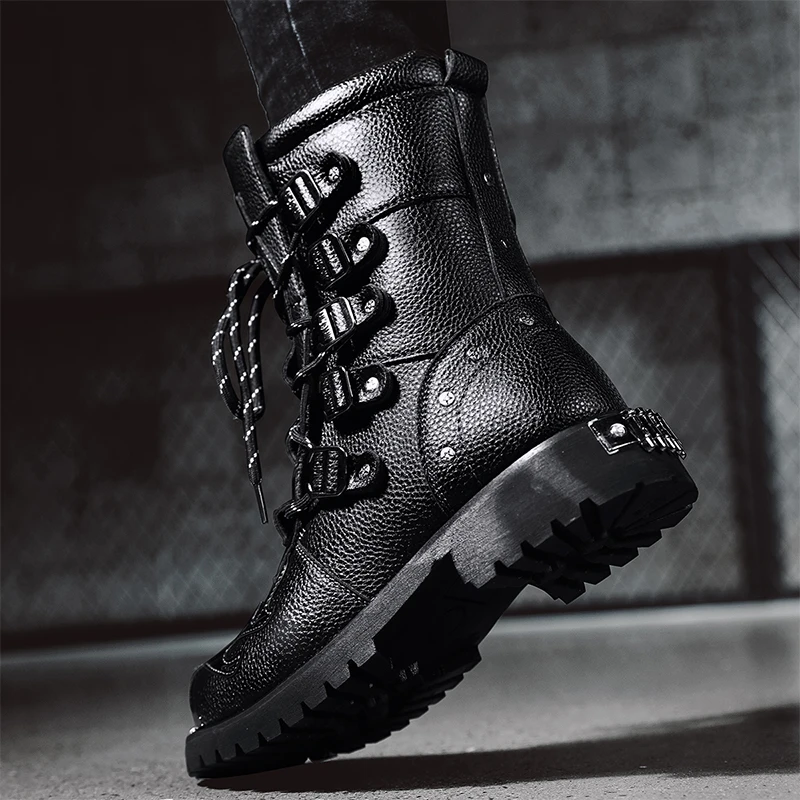 Black Leather Men's Platform Ankle Boots Square Toe Lace Up Shoes_voghion.com