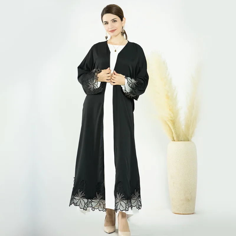 Women's Muslim Abaya Dress, Lace Trimmed Cardigan Robe, Monochromatic, Middle East, Islam, Dubai, Abaya