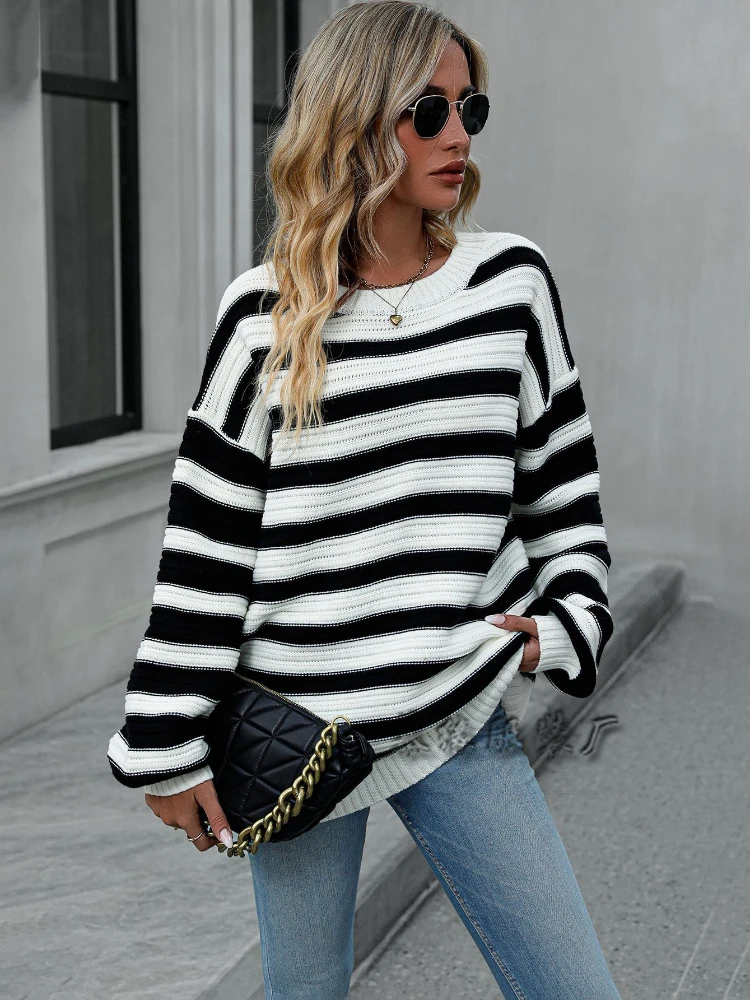 

Women Striped Loose Casual Pullovers Sweater Elegant Fashion Street Wear Pocket Round Neck Long Sleeves Jumpers Top New 2023