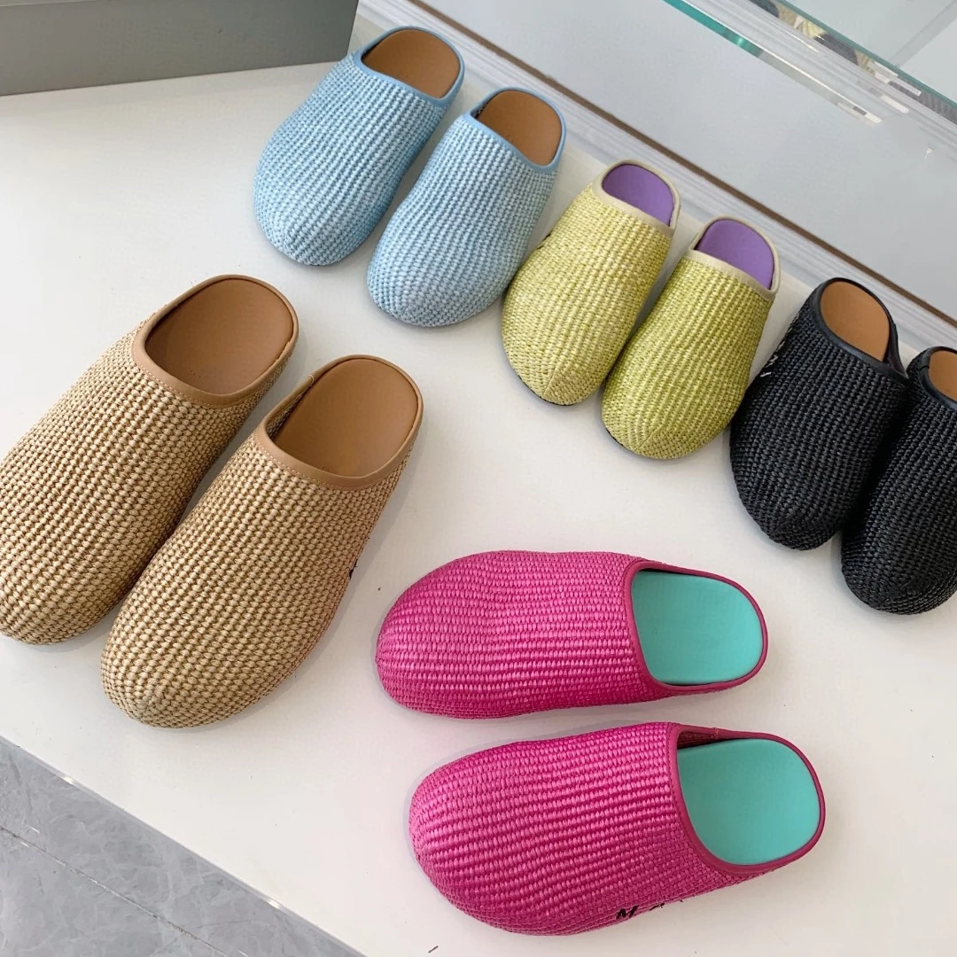 New Couple Big Head Flat Bottom Slippers Cunning Baotou Knitted Half Tuo Men's and Women's Round Head Casual Single Shoes Trend