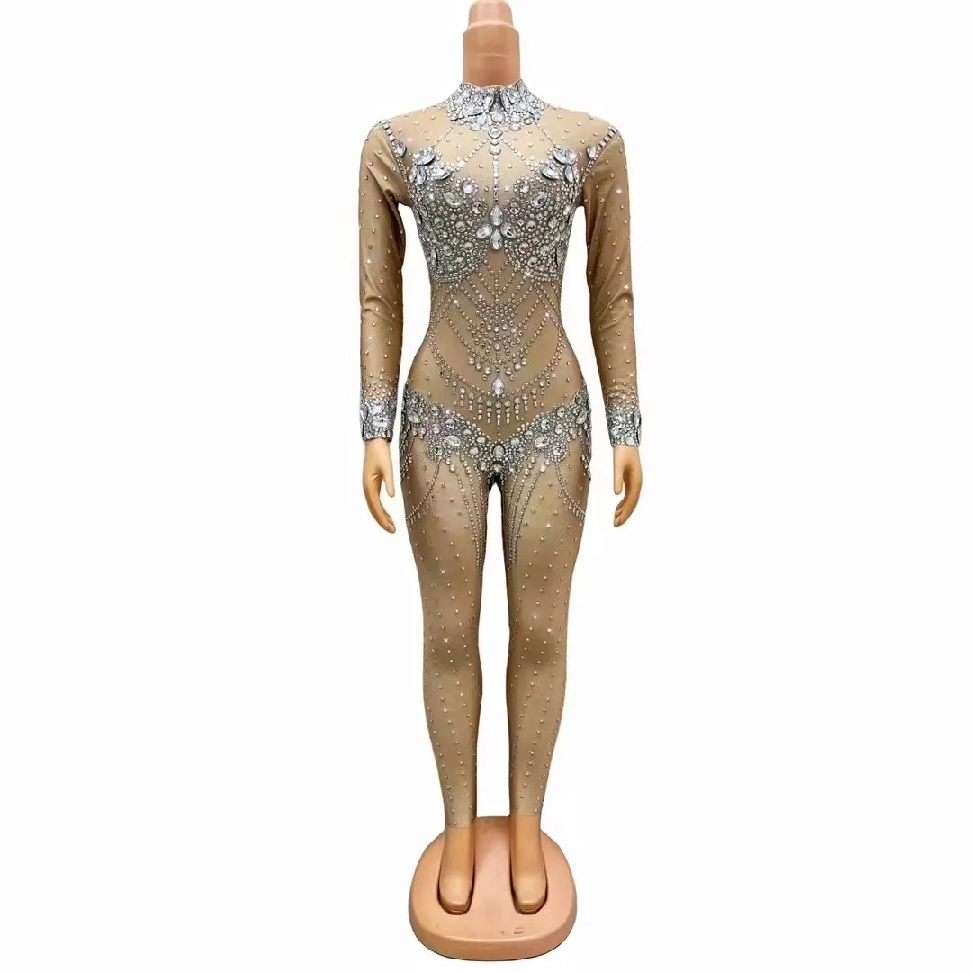 

Women Sexy Stage Sparkly RhinestonesJumpsuit Long Sleeve Birthday Party OutfitDancer Show Rompers Performance StageWear