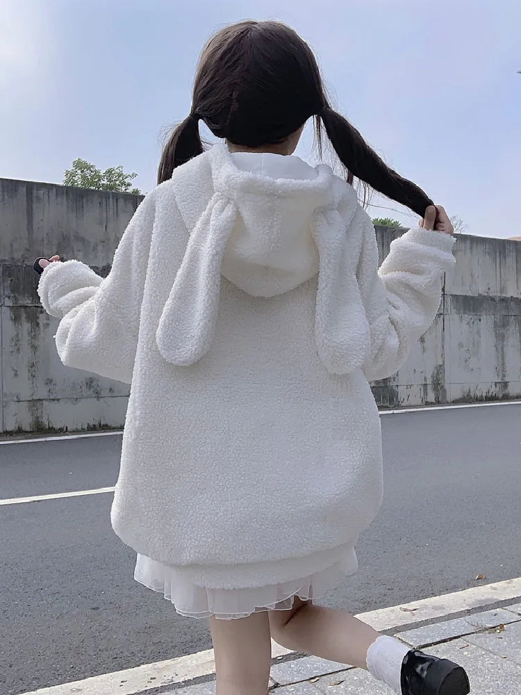 Lolita Sweet Kawaii Preppy Style Women Coat Hooded Rabbit Ear Winter Thicken Plush Outerwear Solid Zipper Women Jacket Female