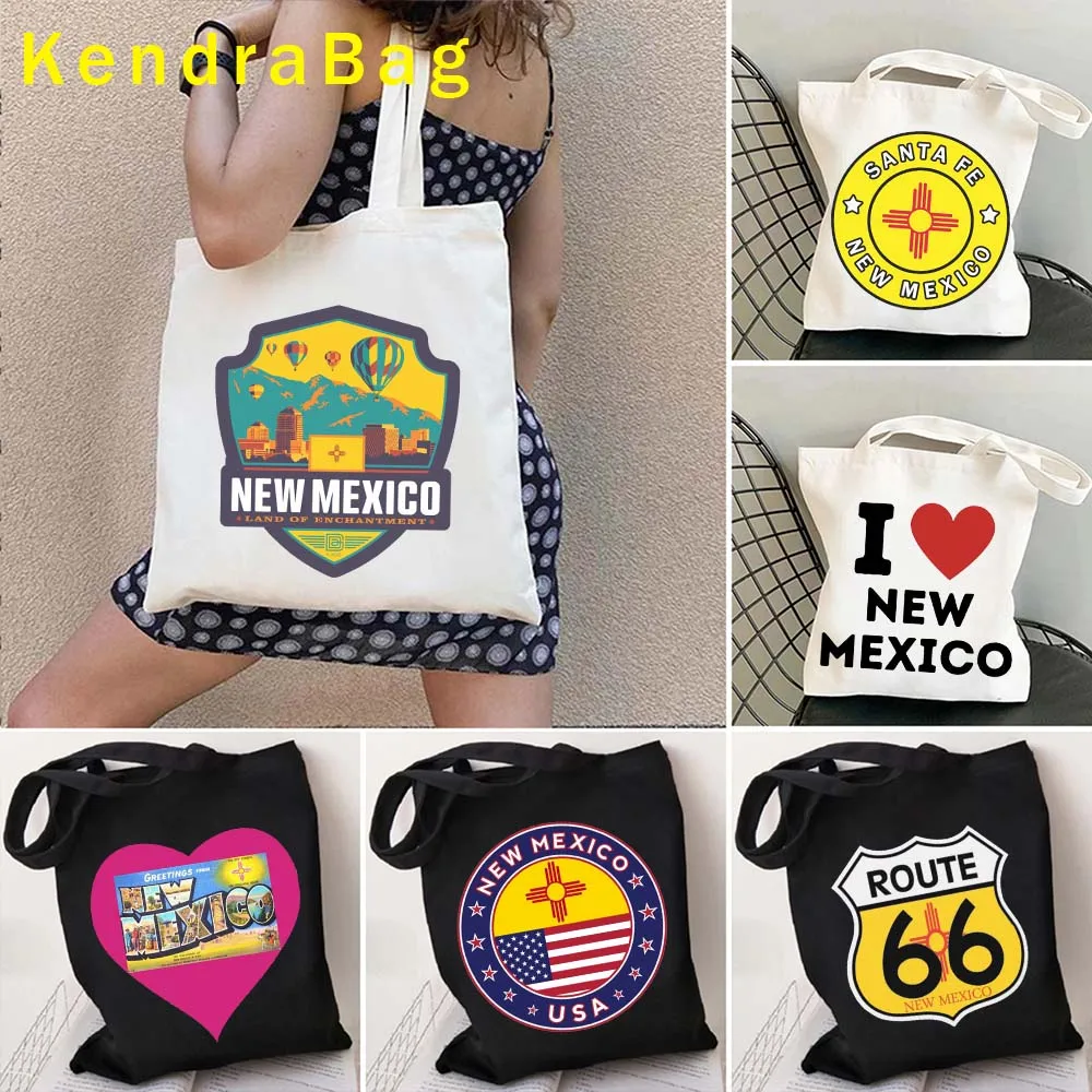 Retro Travel Apollo New Mexico State Round Emblem Route 66 Flag Map Heart Flowers Zia Sonne Canvas Tote Bag Shopper Handbag