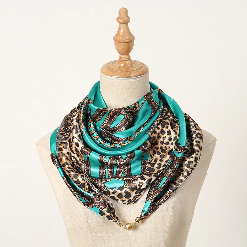 Fashion Leopard Print Chain Square Scarf Shawl Magnetic Suction Design Satin Slik Towel For Women Casual Scarves Wholesale 4