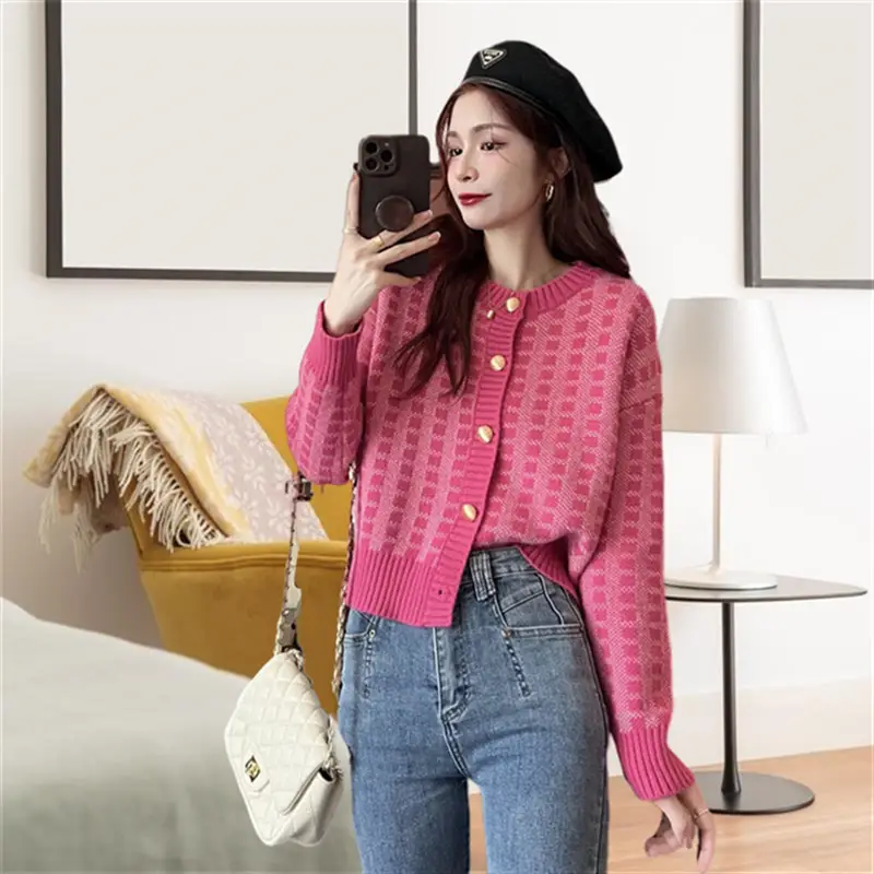 Blouse Jumper Coat Women's Spring/Autumn Knitwear Tartan Loose-fitting Flattering Charming Trendy Cardigan Casual Fashionable - Image 6