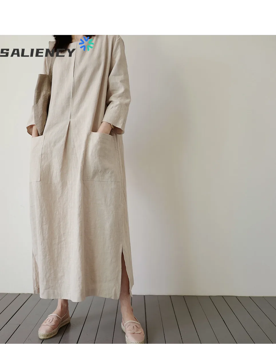 

Cotton and Linen Dress Women 2021 Korean Fashion Loose Casual Solid Color Mid-length with Split Ends Lazy Summer Retro Dress