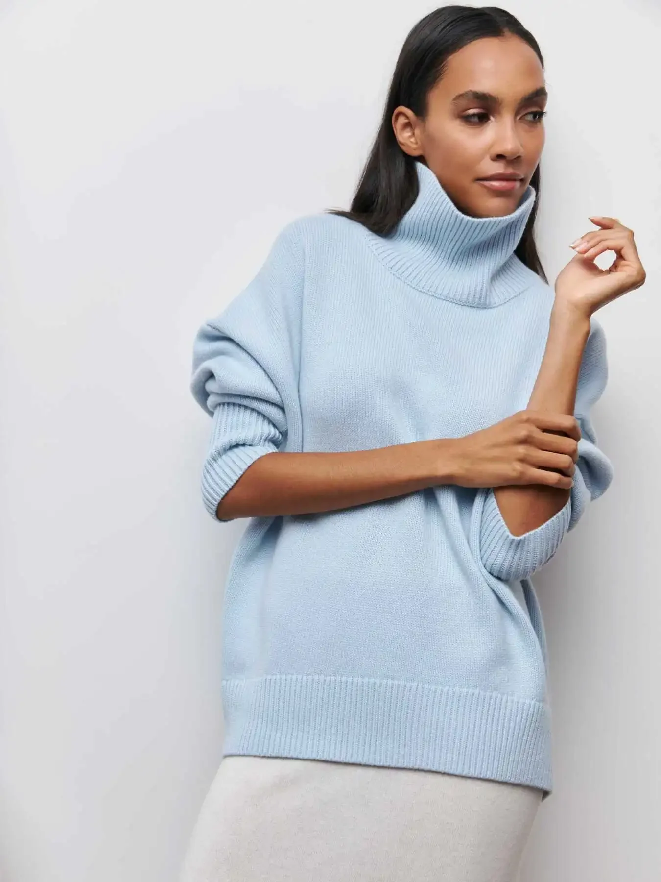 Rib Band Turtleneck Sweater   Women's workwear Solid Color Autumn and Winter Ribbed Thickened Warm Long-sleeved womens Pullovers Cotton Knitted Sweaters for Woman in light sky blue