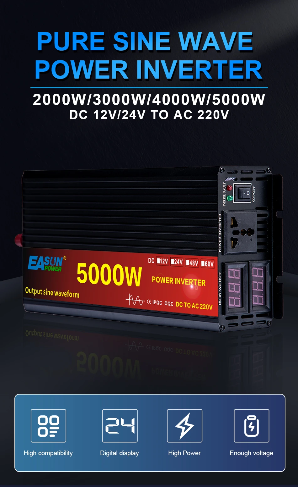 Auto-Wechselrichter 3000 W 4000 W 5000 W Leistung DC 12 V 24 V zu AC 220 V reiner Sinus-Konverter Auto-Inverter-Transformator Solar mit LED – Detail 1