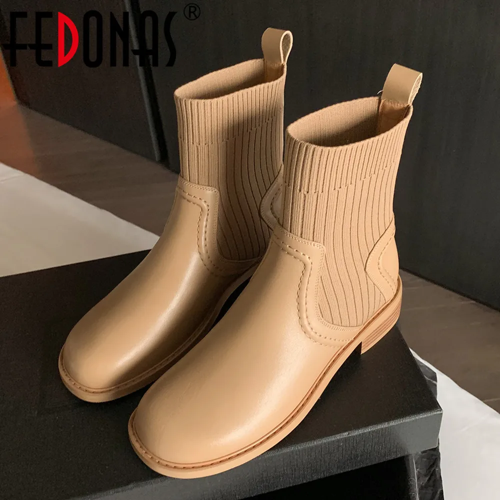 

FEDONAS Women Ankle Boots Splicing Knitting Genuine Leather Round Toe Shoes Woman Basic Autumn Winter Casual Working Short Boots