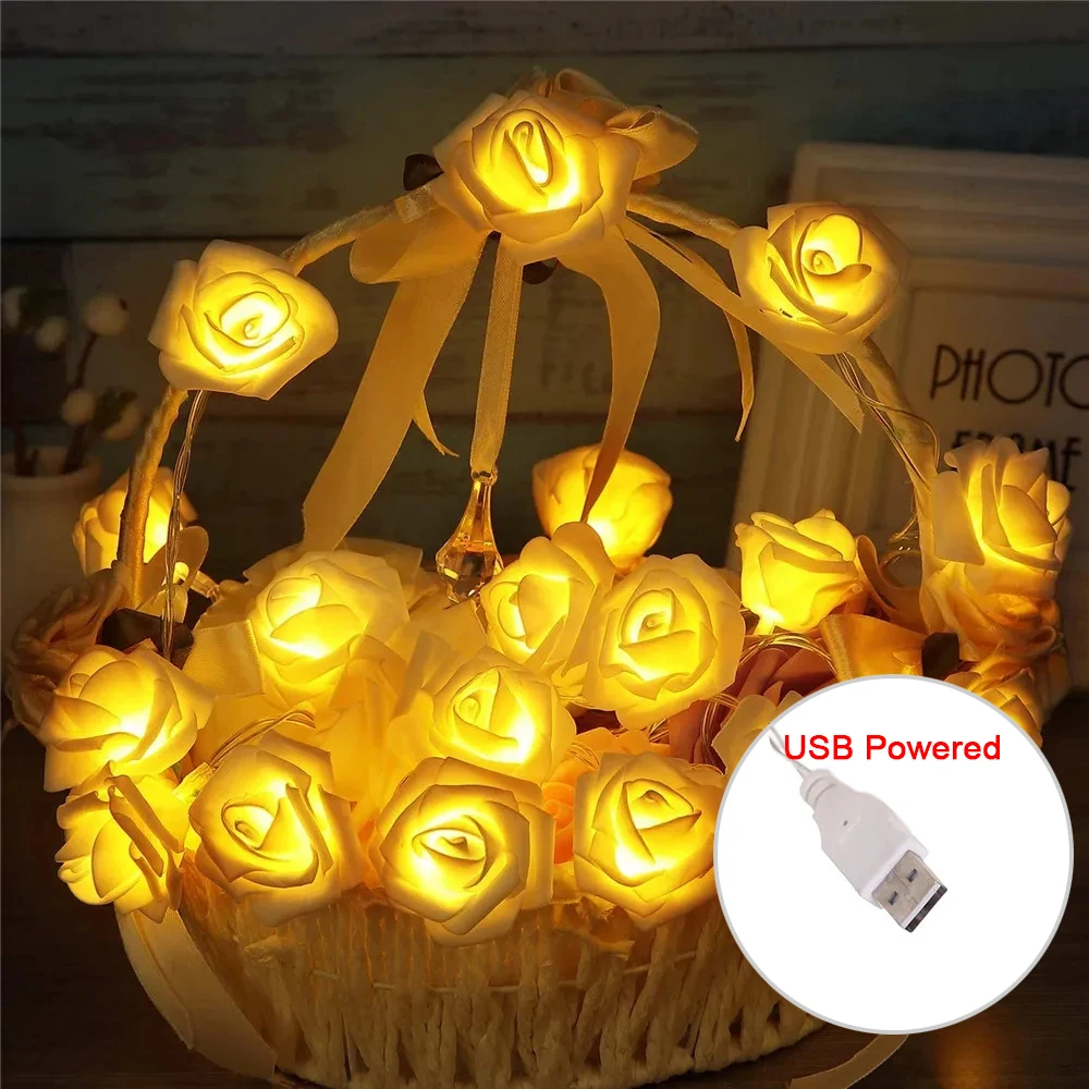 Rose Flower LED String Fairy Light Red Pink Warm Blue RGB Wedding Christmas Party Decoration 1.5m 3m 6m 10m 5V USB/Battery Power