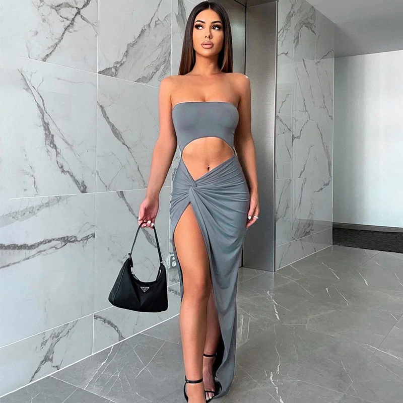 

Zoctuo Solid Hollow Out Tube Midi Dress Side Slit Ruched Bodycon Sexy Streetwear Party Club Elegant 2022 Summer Festival