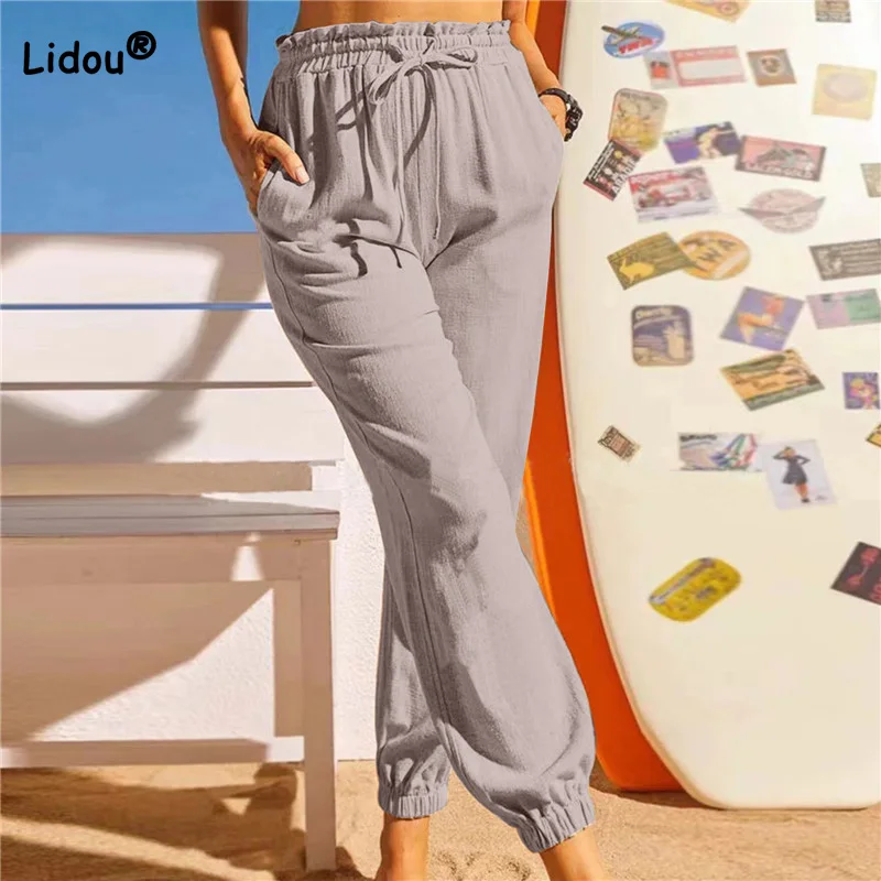 

2023 Spring Autumn New Womens Clothing Cotton Linen Drawstring Solid Color Trousers Double Pockets Elastic Casual Bloomers Pants