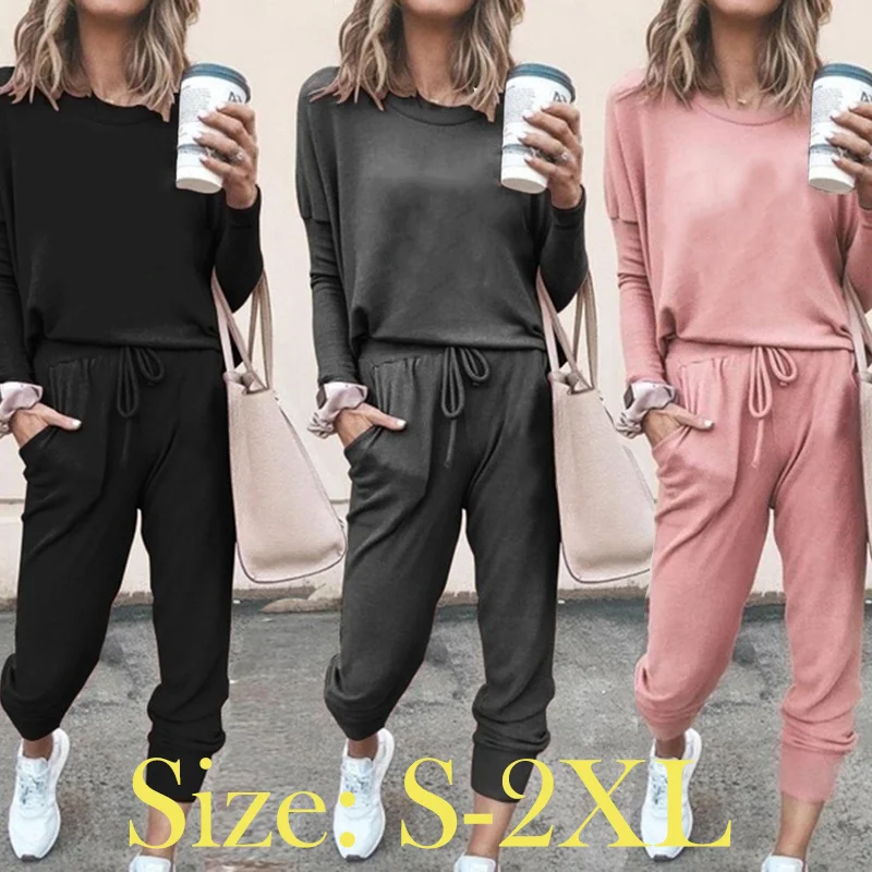 Women's Fashion Women's Solid 2 Piece Set Jogging Suit Casual Pullover Tracksuit Sportswear Long Pants Sweatshirts Outfits Joggi