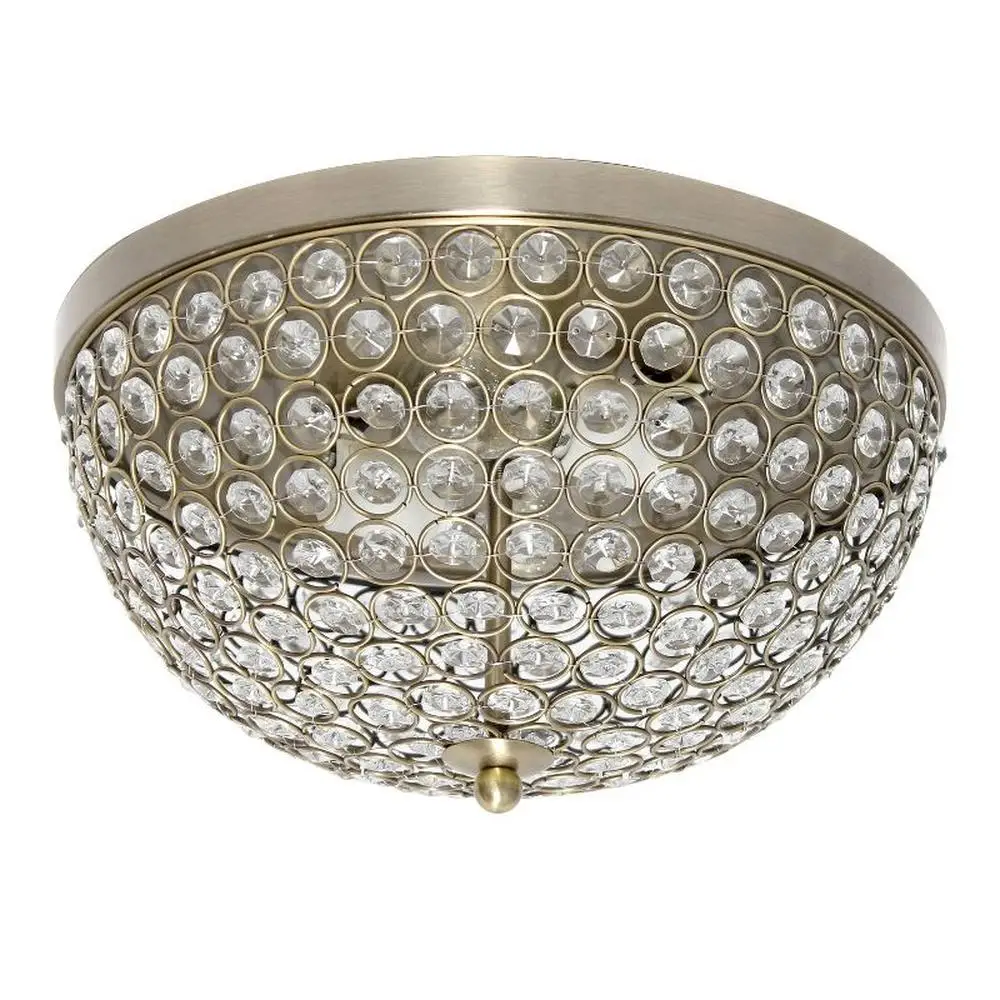 

Crystal Glam 2-Light Flush Mount Pendant with Antique Brass Base Elegant K5 Crystals Dome Shape 13" Dia x 6.5" H Hardwiring