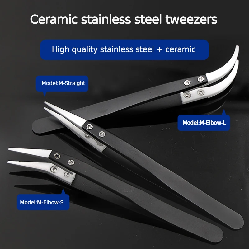 Anti-Static Ceramic Tweezers Stainless Steel Industrial Ceramic Tweezers Insulated Straight/Curved Tip Black-Whit Tools