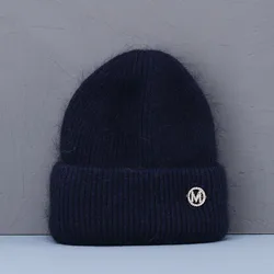 Luxurious Real Rabbit Fur Women's Winter Beanie - Fashionable and Warm - 54cm-60cm (Navy blue with M)