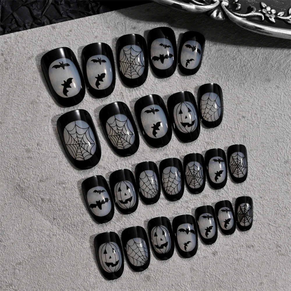 

24Pcs Press on Nails Halloween False Nail Scary Pumpkin/Spider/Bat Coffin Black Fake Nail Tips Halloween Wearable Acrylic Nails