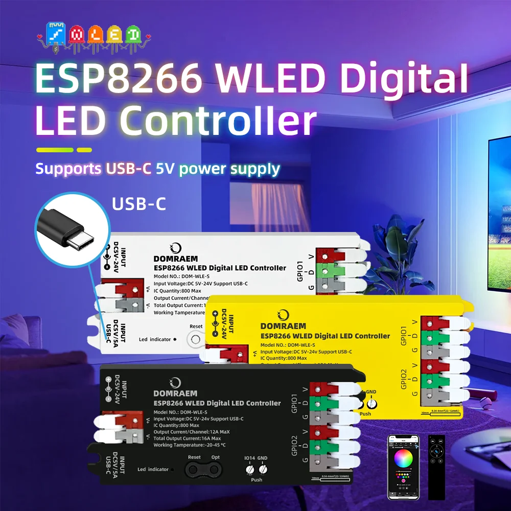 Domraem ESP8266 Digital WiFi LED Controller USB-C5V DC5-24V Streifen 100 + Modi WLED App WS2811 WS2812 SK6812 TM1814 DIY Pixel Licht – Detail 1