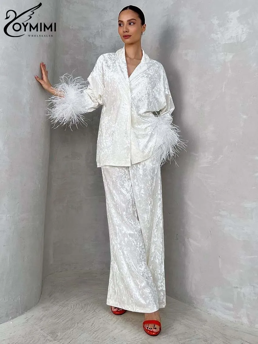 Oymimi Elegant White Womens 2 Piece Outfit Set Fashion Long Sleeve Feathers Shirts And Solid Straight Trousers Sets Streetwear kajagoogoo white feathers 1 cd