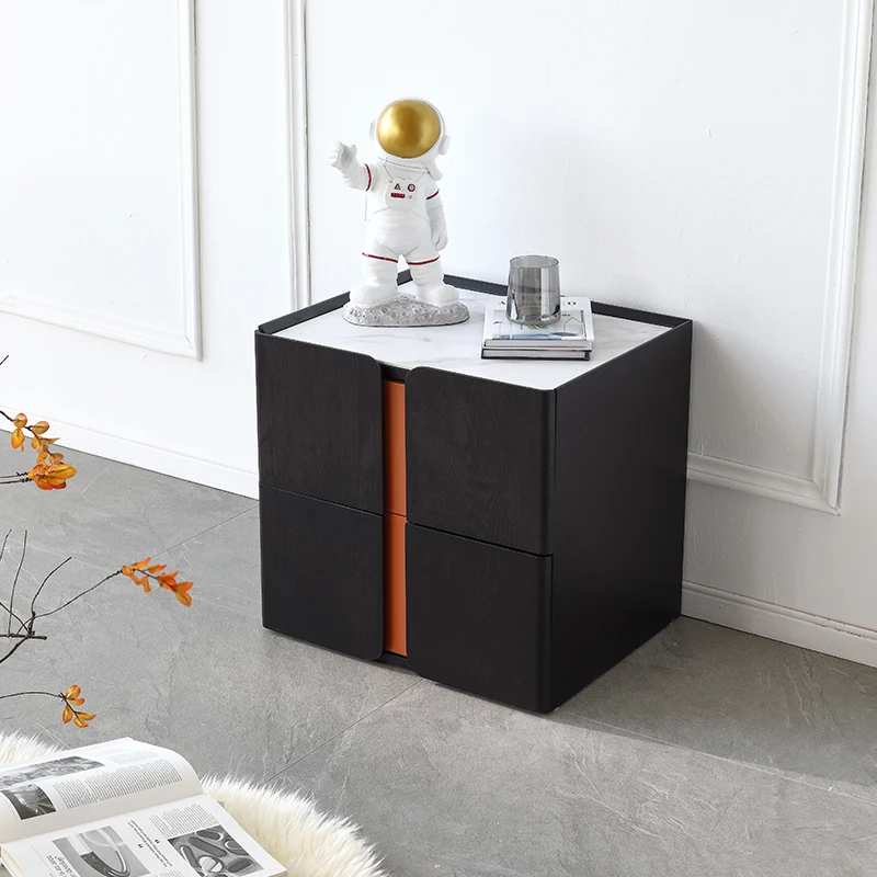 

Square Stone Plate Light Luxury Bedside Table Solid Wood Modern Minimalist Bedroom Bedside Cabinet Storage Cabinet