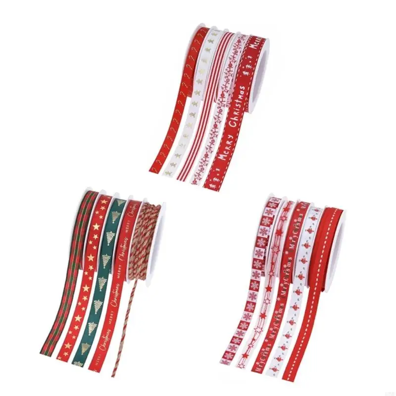 49ME Festival Christmas Craft Ribbon 5Rolls/Set Wreath Craft Ribbon Festival Giftbox Wrapping Bouquet Decoration 5.5Yard Roll
