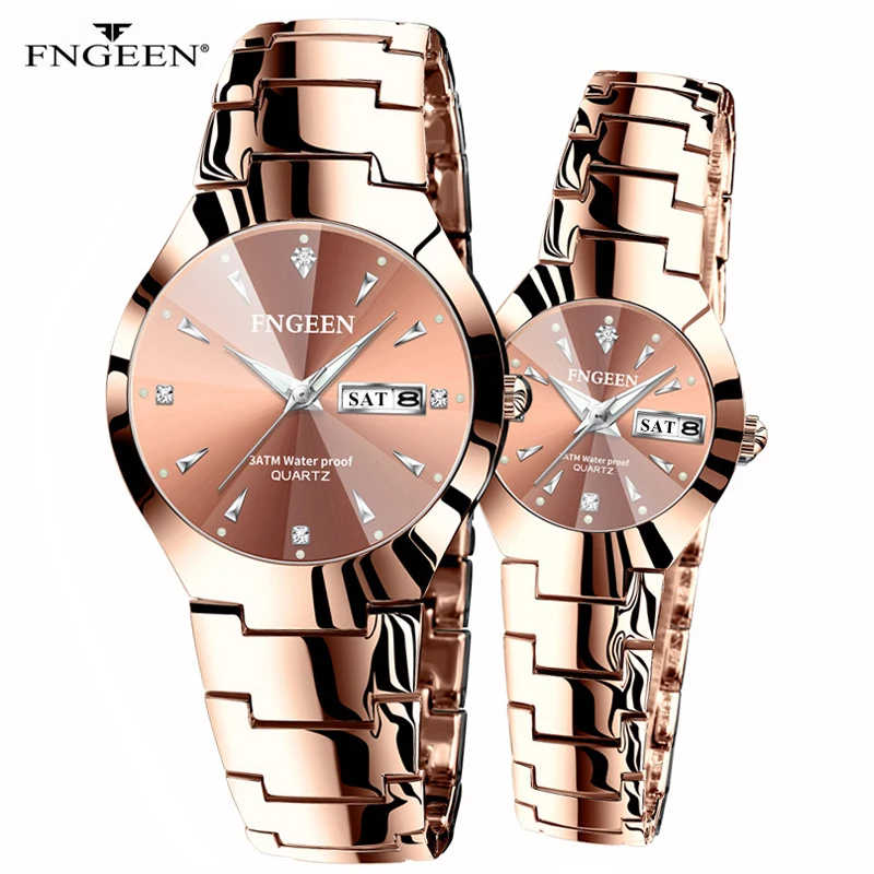 fngeen-カップルのためのファッショナブルな高級時計愛好家のための腕時計ギフトスチールピンクゴールド耐水性時間クォーツ