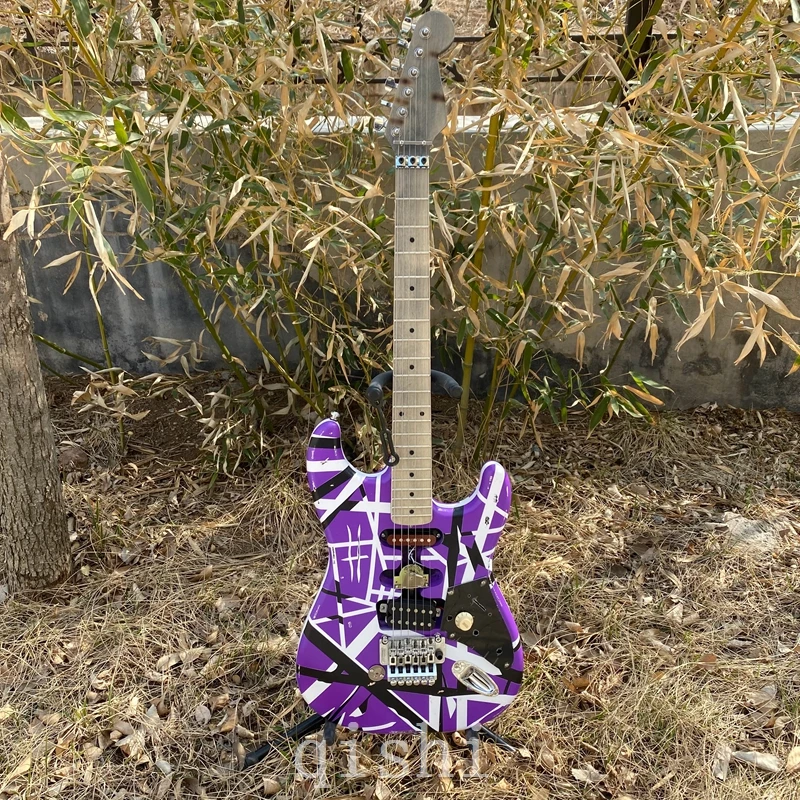 

in stock High-Quality eddie Edward Van Halen guitar 5150 purple Stripe white Floyd Rose Tremolo Bridge real reflector