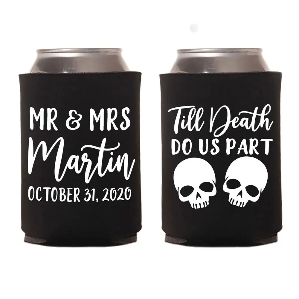

Till Death Do Us Part - Wedding Can Cooler #175R - Custom - Halloween Wedding Favors, Insulated, Beer Huggers, Wedding Favor, Be