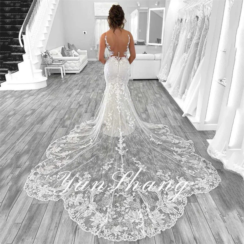 Yunshang Luxury Wedding Dress Women 2024 Mermaid Open Back V-Neck Lace Spaghetti Strap Bridal Gown Sweep Train Vestidos De Novia