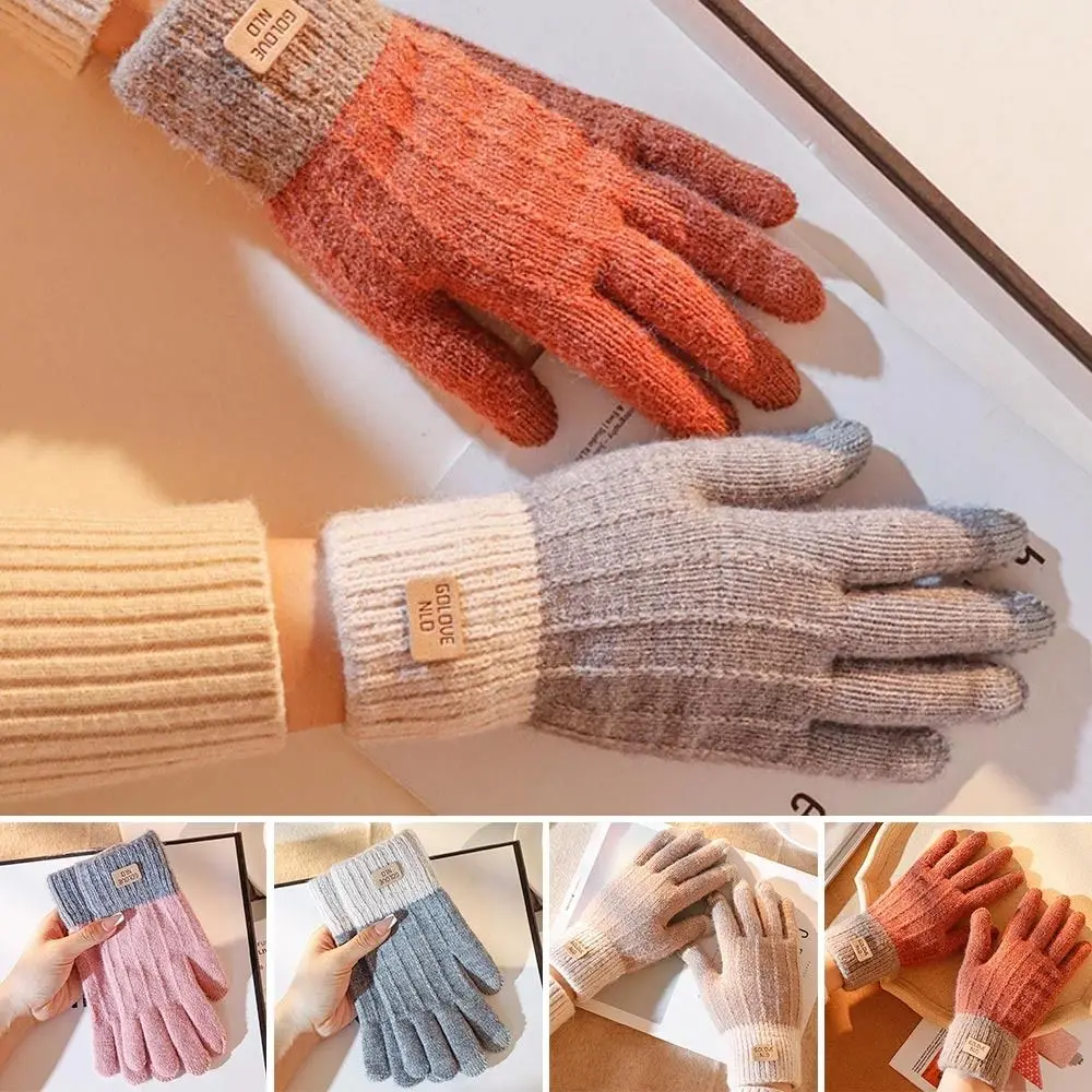 

Plus Velvet Knitted Gloves Outdoors Thicken Soft Touch Screen Mittens Elastic Full Finger Men Women
