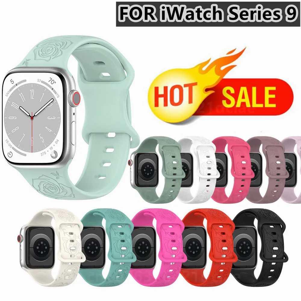 

Silicone Strap For Apple Watch Band 44mm 40mm 45mm 41mm 38mm 42mm 49mm Engraved bracelet For iwatch series 9 7 SE 6 8 Ultra 5 4