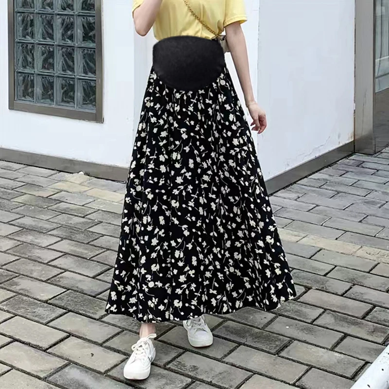 Summer Pregnant Woman Fashion Long Skirt High Waist Floor-length Maternity A-Line Skirt Plus Size Pregnancy Chiffon Floral