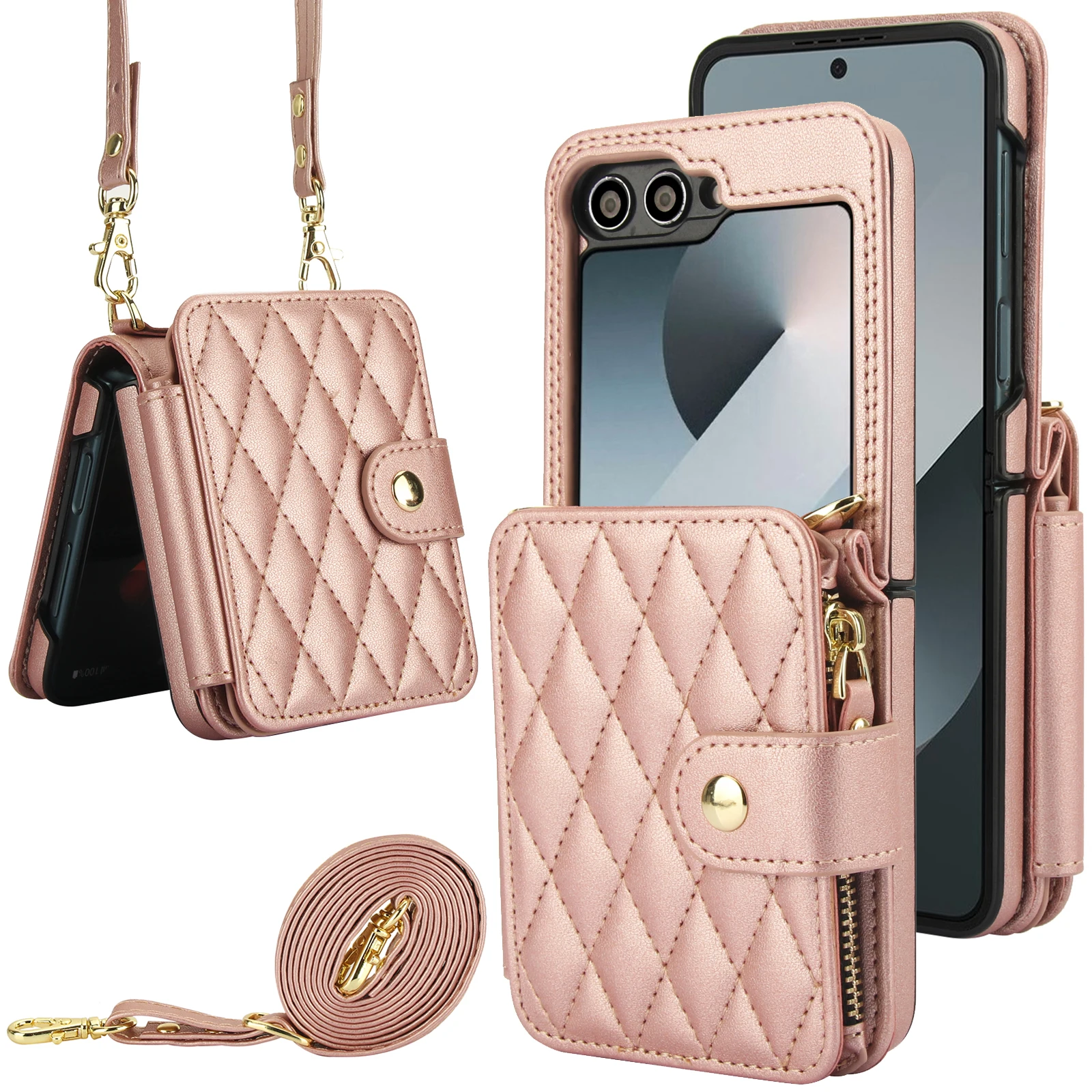 Crossbody Leather Wallet Case with Zipper and Card Slots - Grid Pattern and Long Lanyard