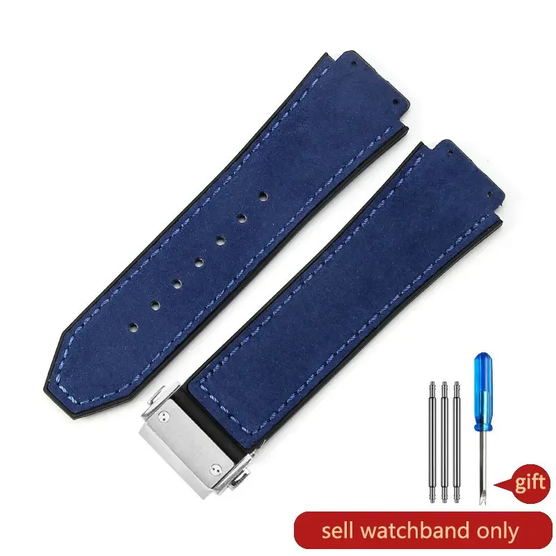 Men's Frosted Leather Watch Strap with Silicone Underskin, Convex Interface, 26x19mm