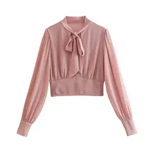  Zevity Women Fashion Solid Color Bow Tied Collar Short Smock Blouse Female Hem Elastic Slim Shirt Crop Blusas Chic Tops LS3172 